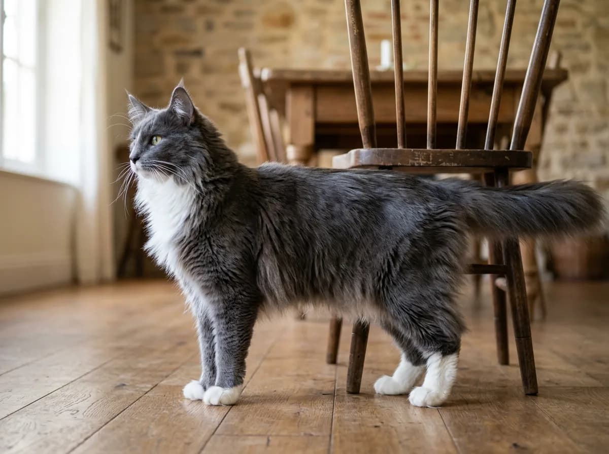 A large blue and white adult Norwegian Forest cat standing in profile beside a wooden dining chair for scale, showing its long muscular body