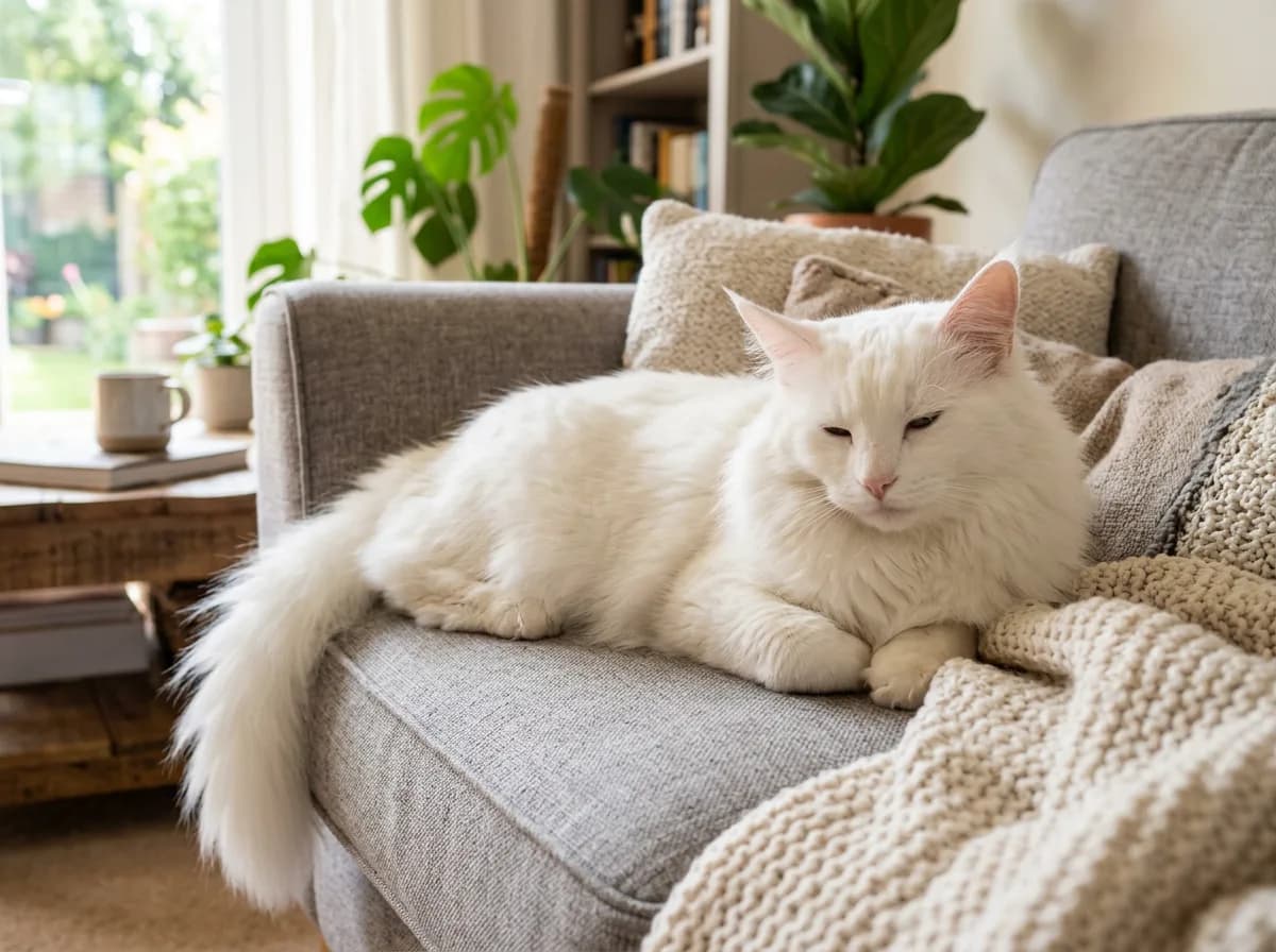 A relaxed white Norwegian Forest cat lounging calmly on a family sofa, illustrating the breed's gentle, easygoing temperament