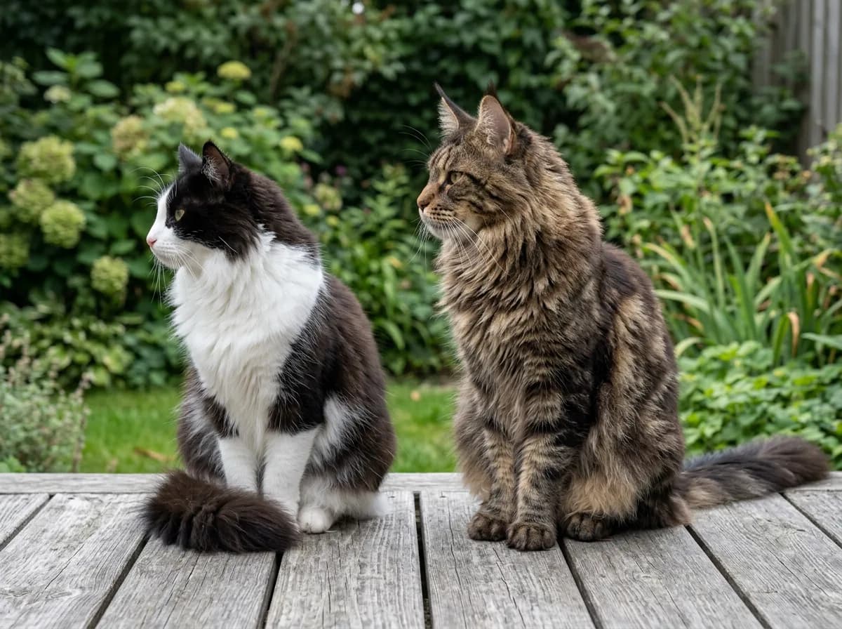 A black and white Norwegian Forest cat and a brown tabby Maine Coon in profile, straight nose line versus square muzzle and dipped profile