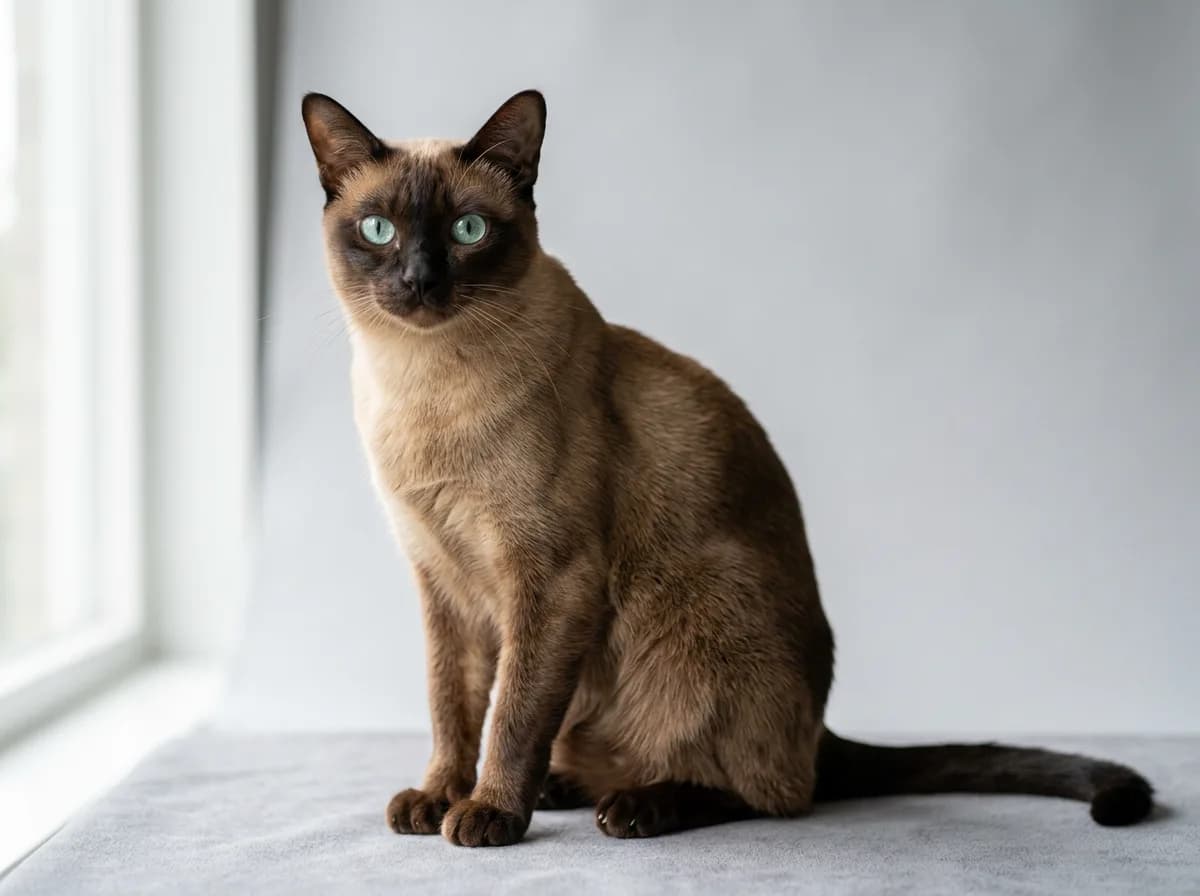 A natural mink Tonkinese cat with warm brown points and luminous aquamarine eyes sitting against a soft neutral background