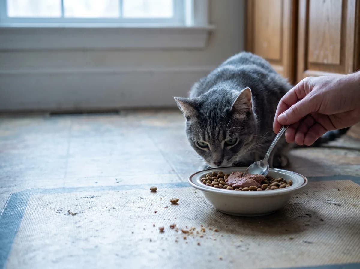 Person preparing food in a bowl while a gray cat sniffs nearby.