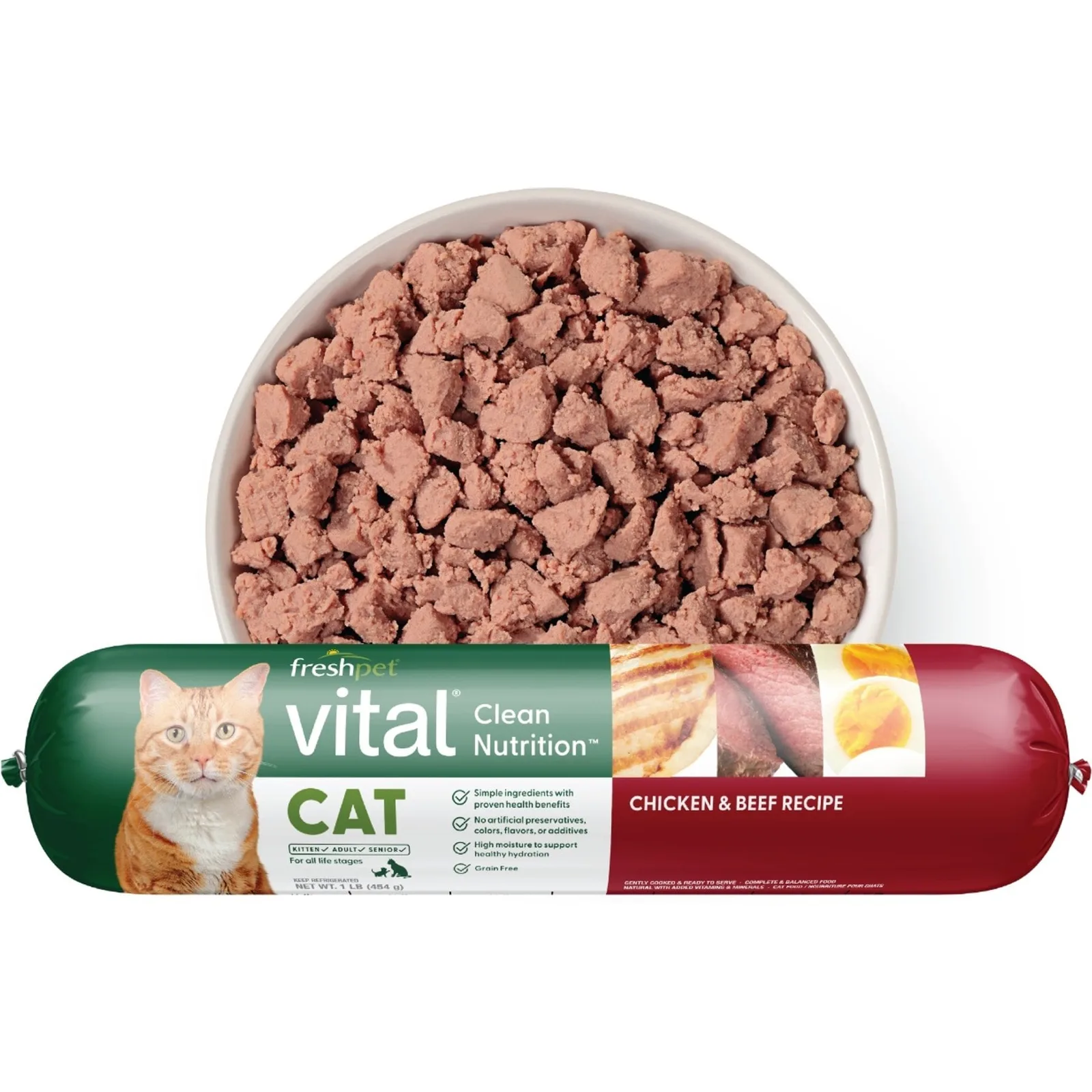 Freshpet Vital Chicken & Beef cat food in a one-pound roll.