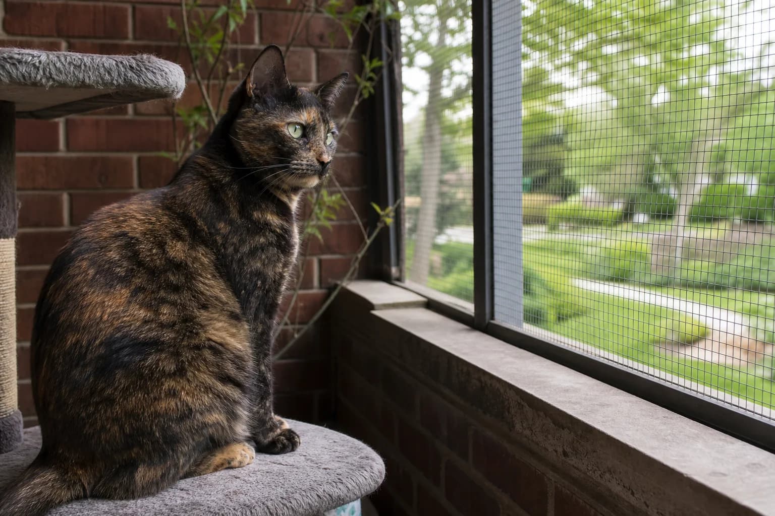 A tortoiseshell cat watching a green garden from a screened brick apartment balcony.