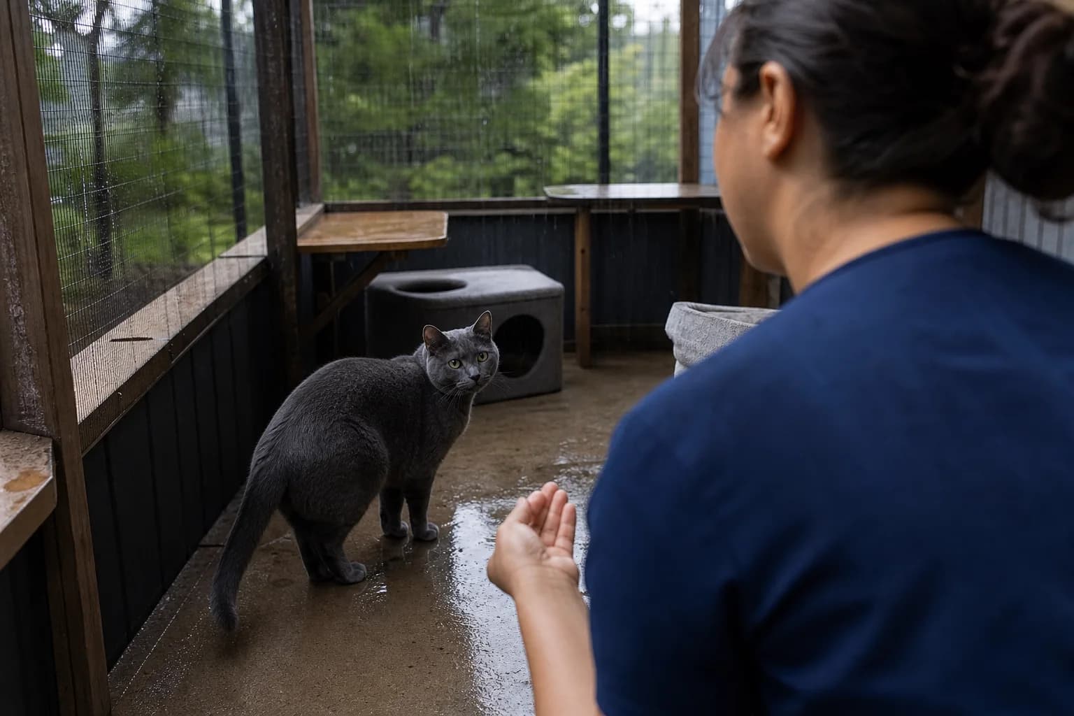 A blue-gray cat turns toward a caregiver calling from across a rain-wet covered catio.