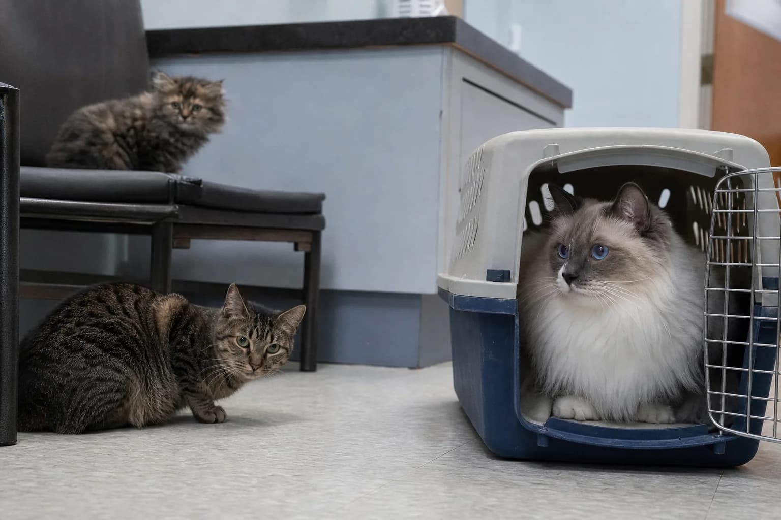 Three cats of different ages and coats in a veterinary waiting area, including a blue-eyed Ragdoll-type cat in an open carrier.