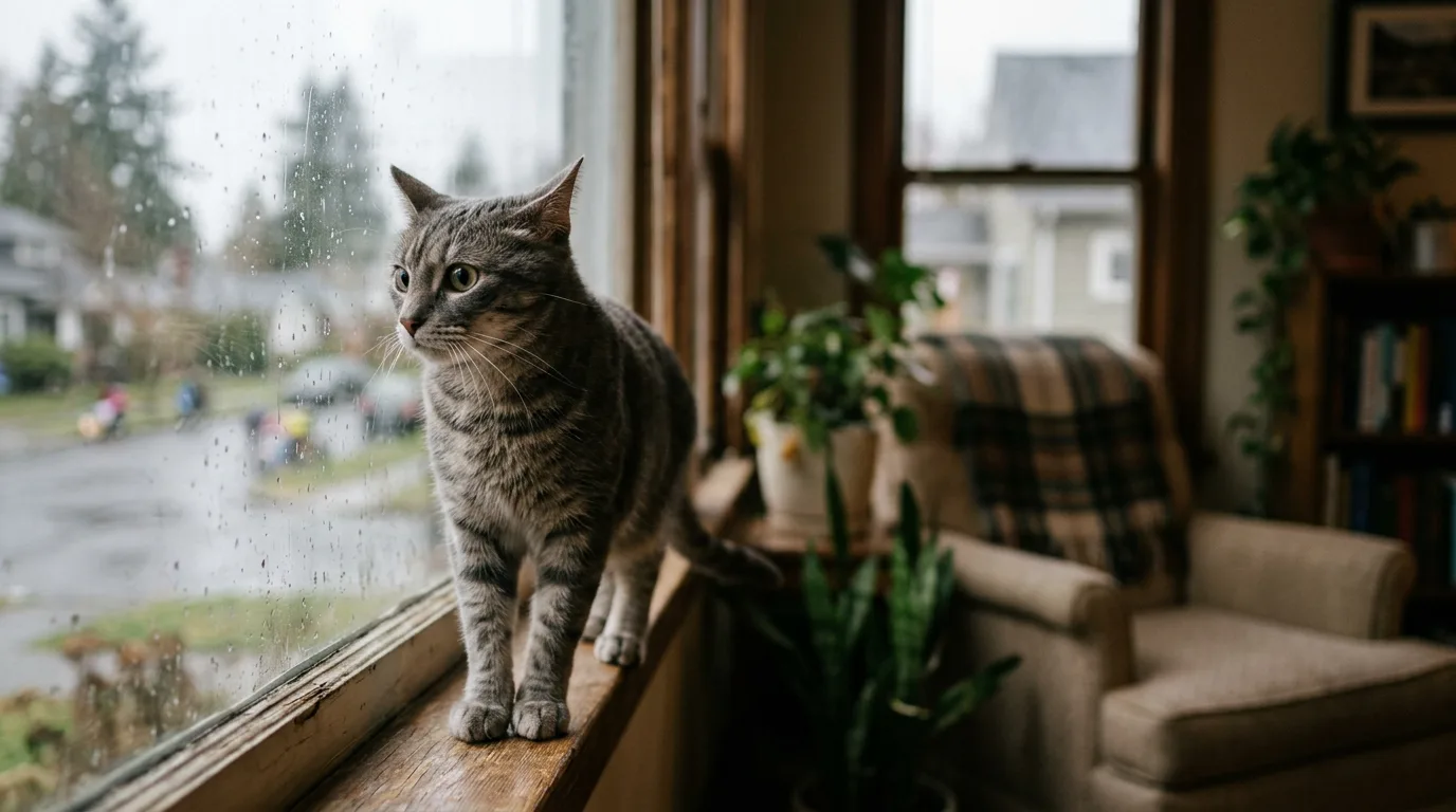 Gray tabby cat looking out window showing signs of separation anxiety