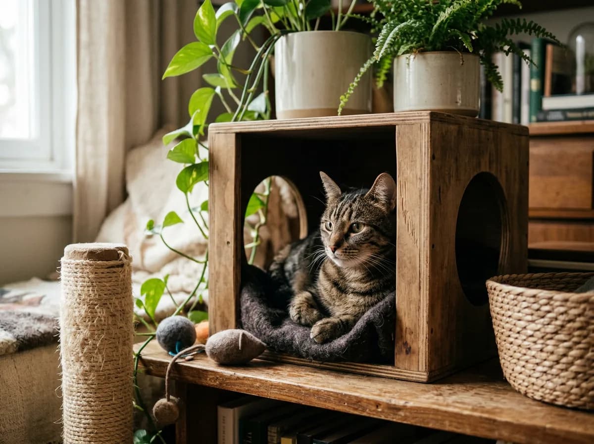 Cat in enriched space using hiding spot for security