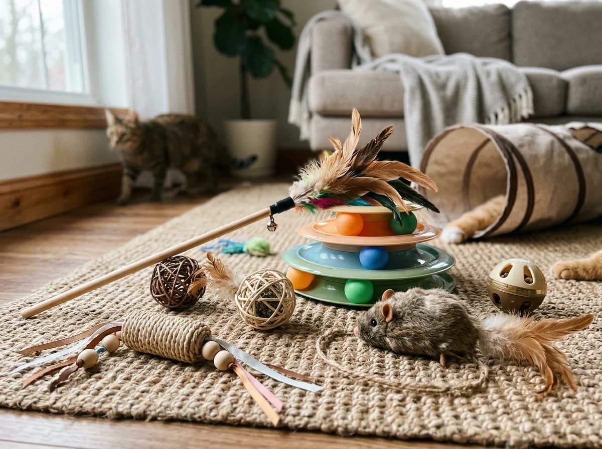 Variety of interactive toys for cat enrichment and stimulation