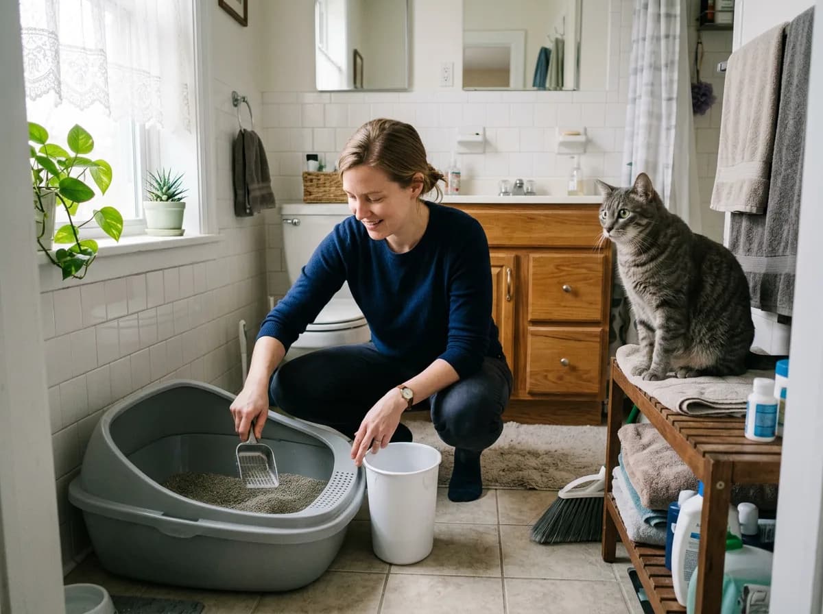 A cat sitter scooping a clean litter box in a bright bathroom while a gray tabby cat watches nearby