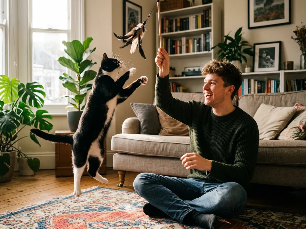 A young man cat sitter playing with a lively tuxedo cat using a feather wand toy in a sunlit living room