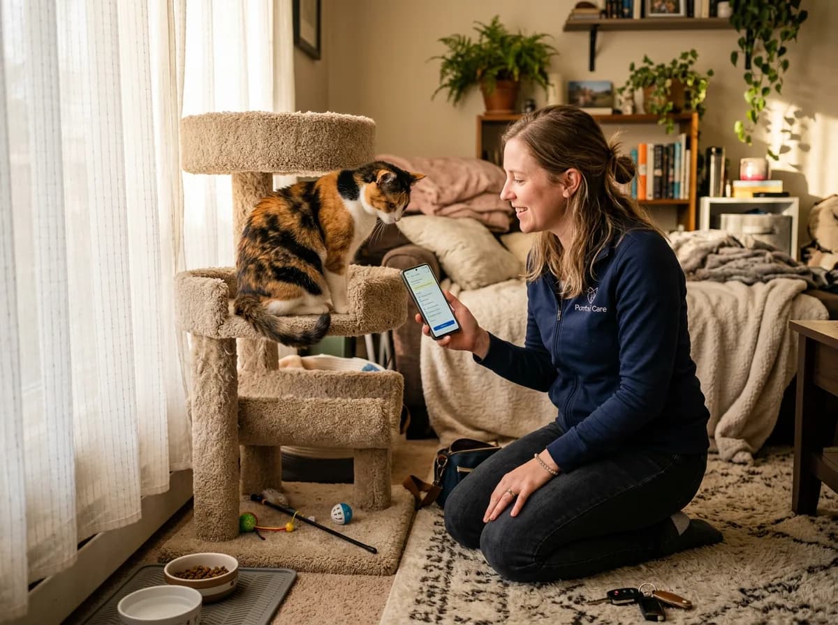 A cat sitter checking on a calico cat on a cat tree during a drop-in visit while noting feeding on a phone