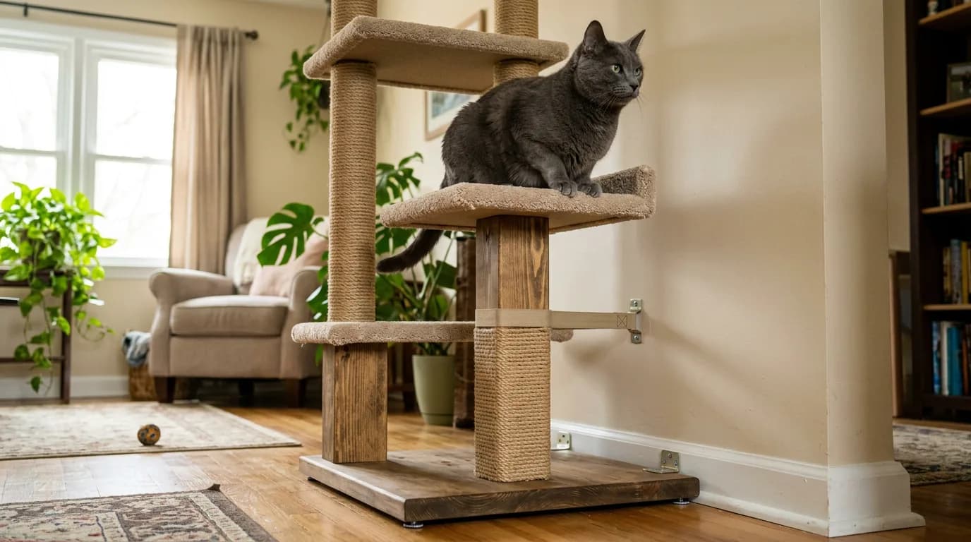 Gray cat on a cat tree beside a wall, with a strap and brackets visible.