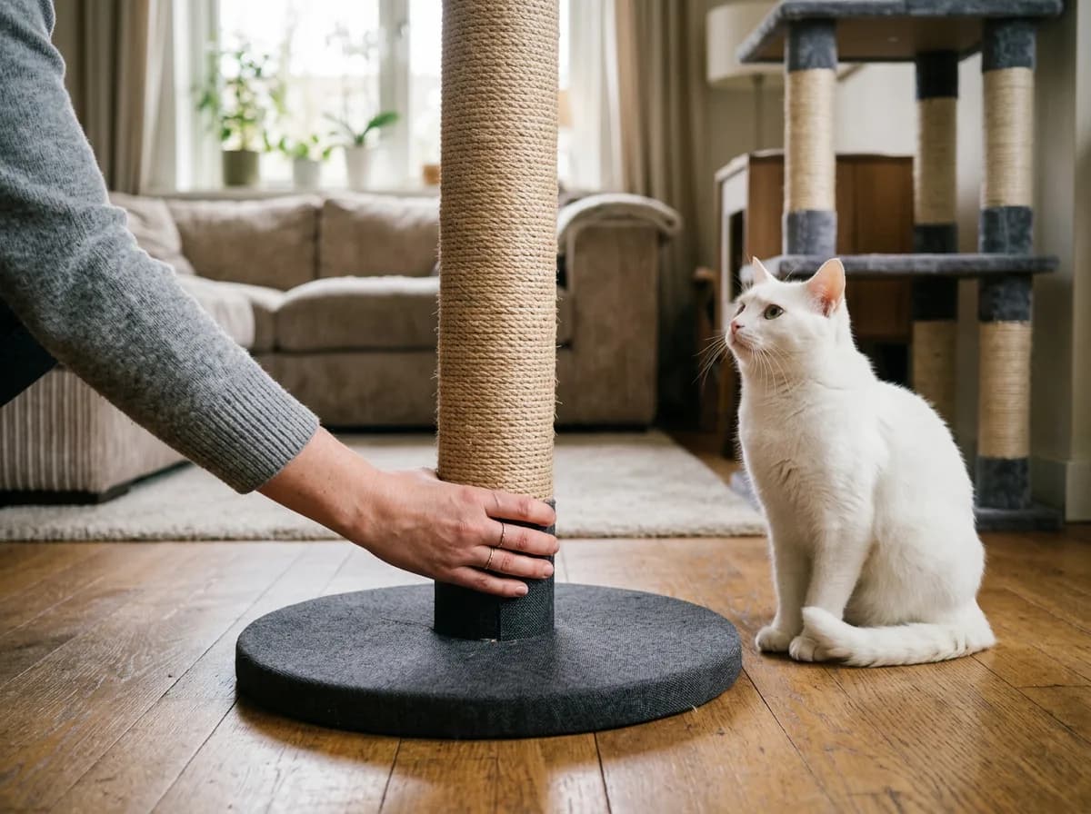 Hand holding a scratching post near its base while a white cat sits nearby.