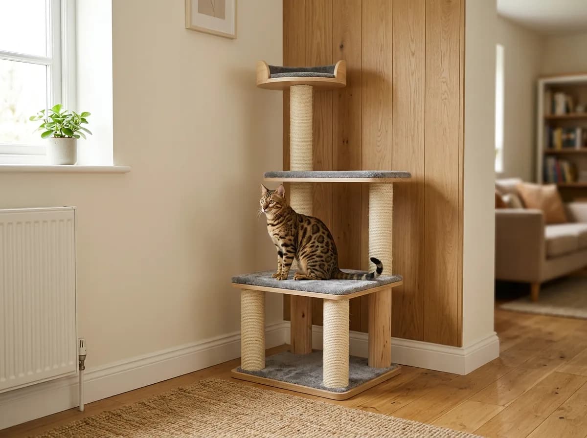 Cat tree beside an open floor approach, window and radiator.