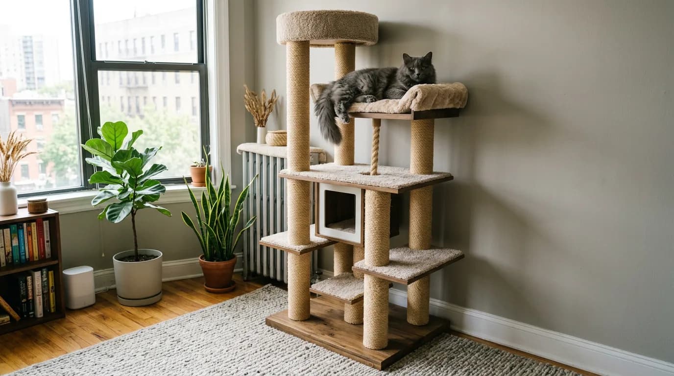 Long-haired gray cat resting on a multi-level cat tree.