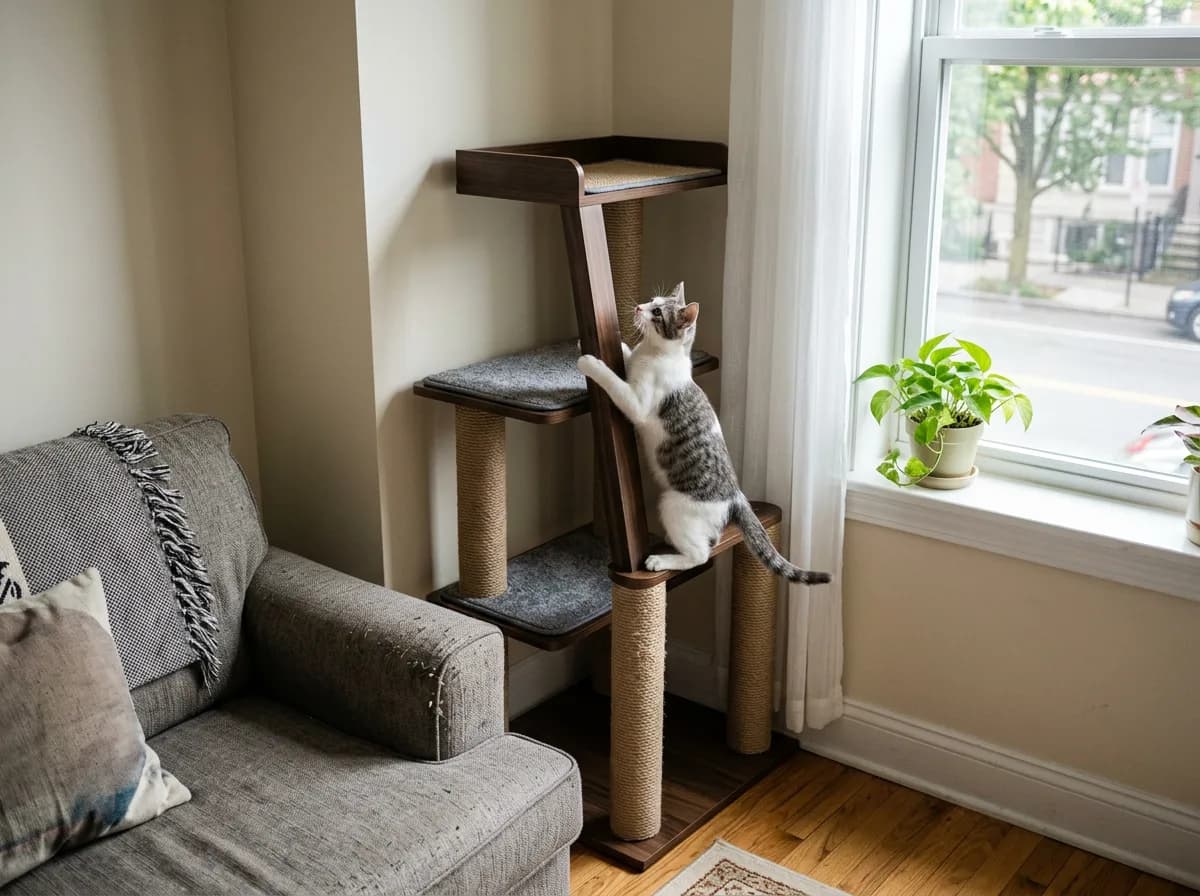 A compact cat tree placed in a small apartment corner near a window.