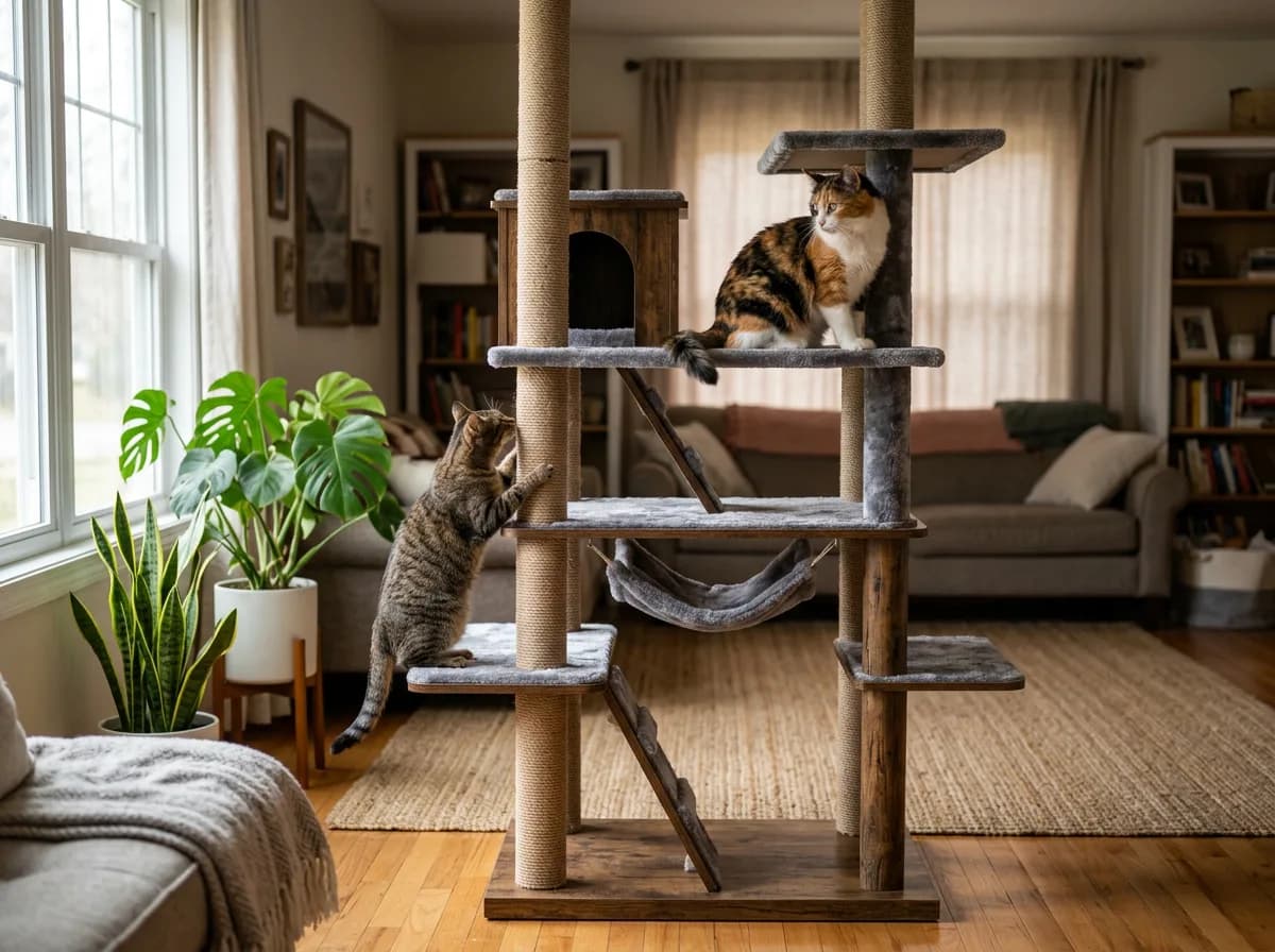 Two cats using different levels of a cat tree.