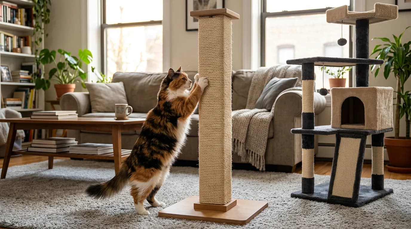 Calico cat scratching a separate upright post beside a cat tree.