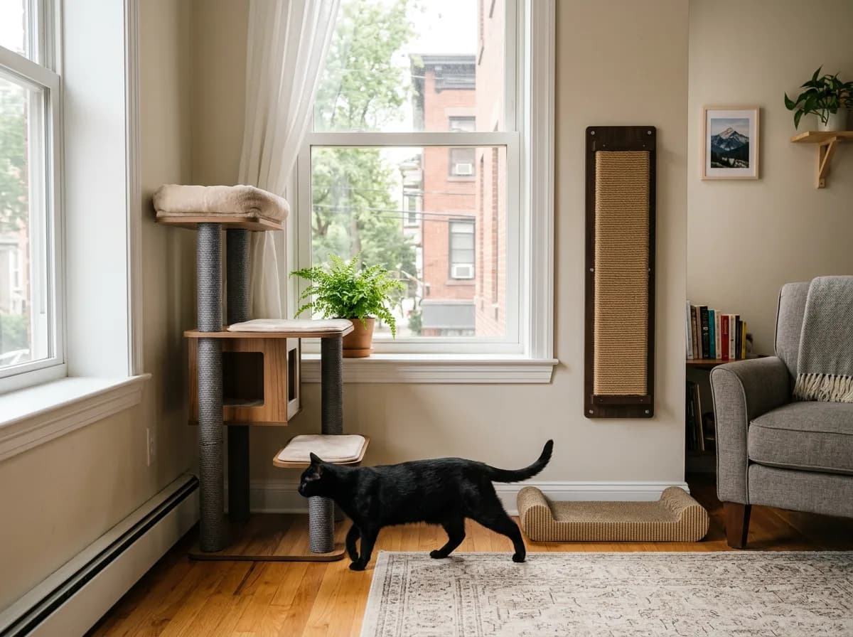 A cat tree, wall scratcher, and floor scratcher arranged as separate cat furniture zones.