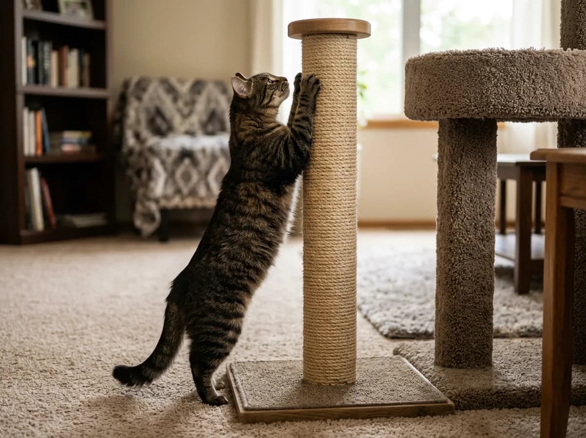 Tabby reaching up a scratching post beside a cat-tree platform.