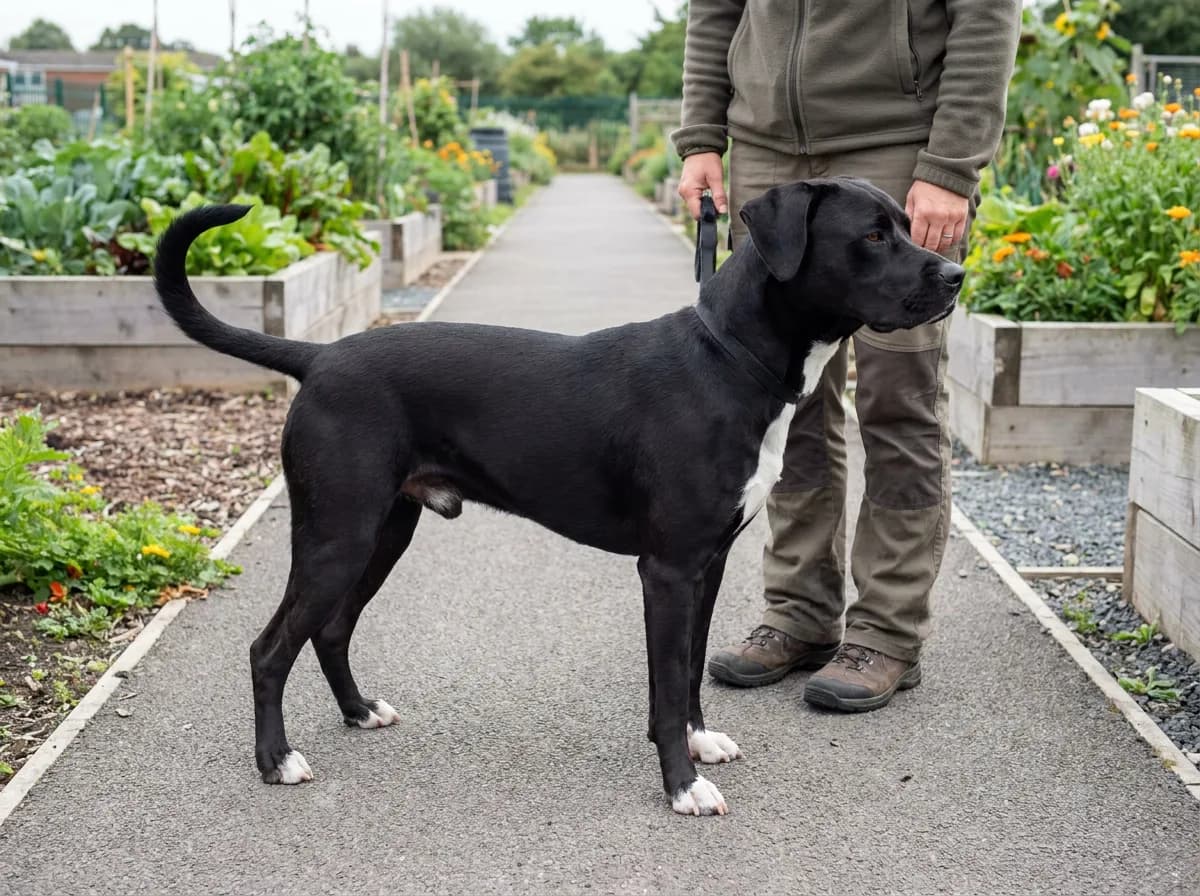 Black-and-white mixed dog standing beside a caregiver on a garden path