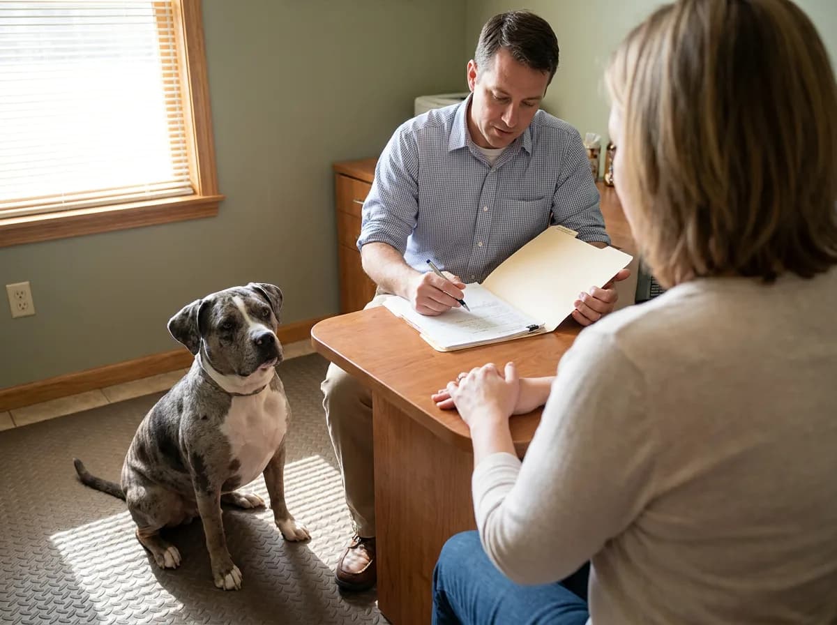 Two adults reviewing records while a gray-and-white mixed dog sits beside the desk