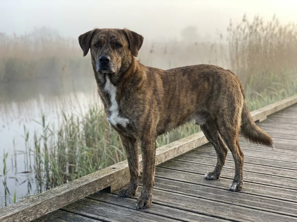 Brindle Catahoula Bulldog-type mixed dog standing on a boardwalk beside misty water