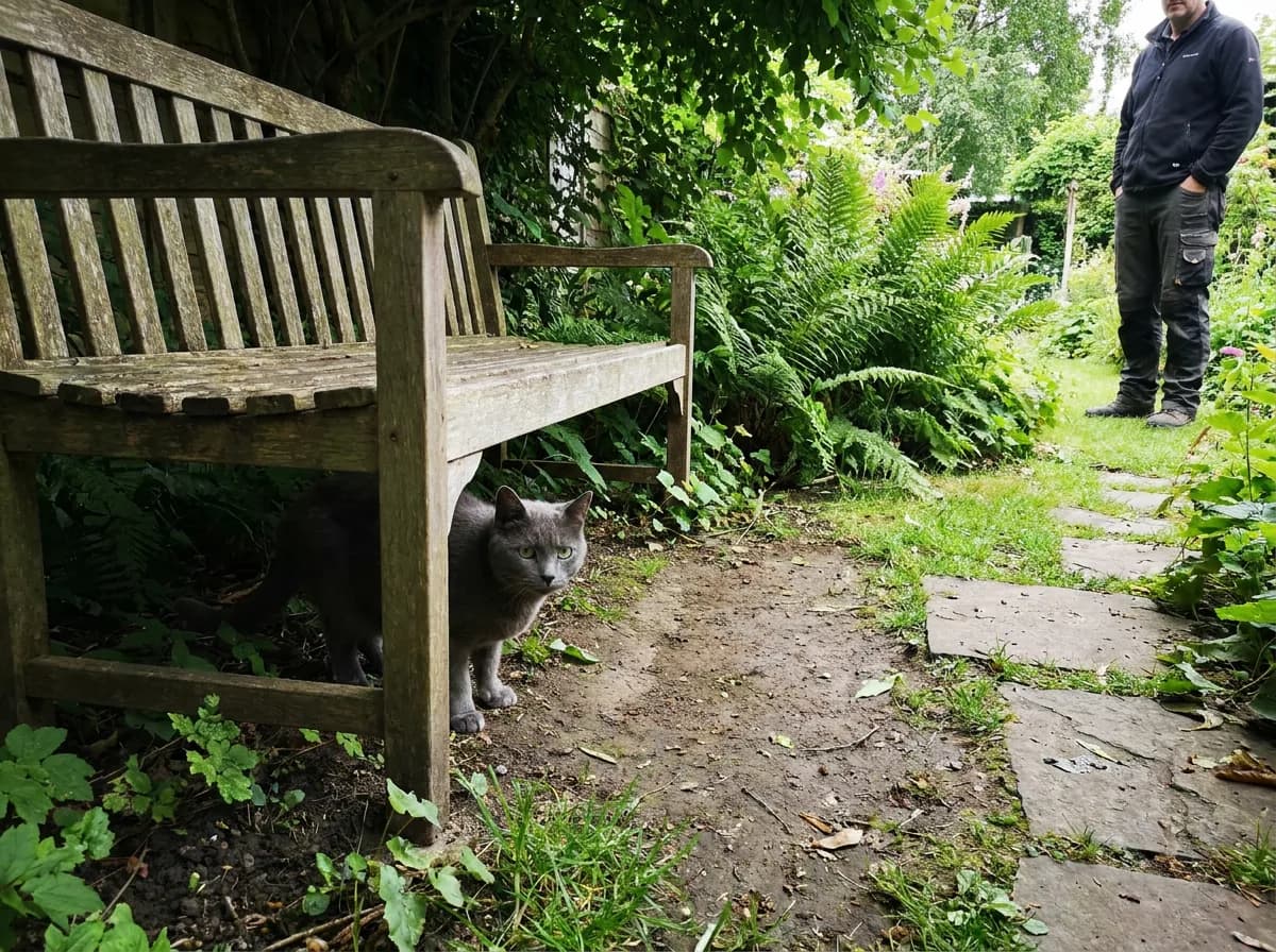 Gray cat beneath a garden bench with a person standing at a distance