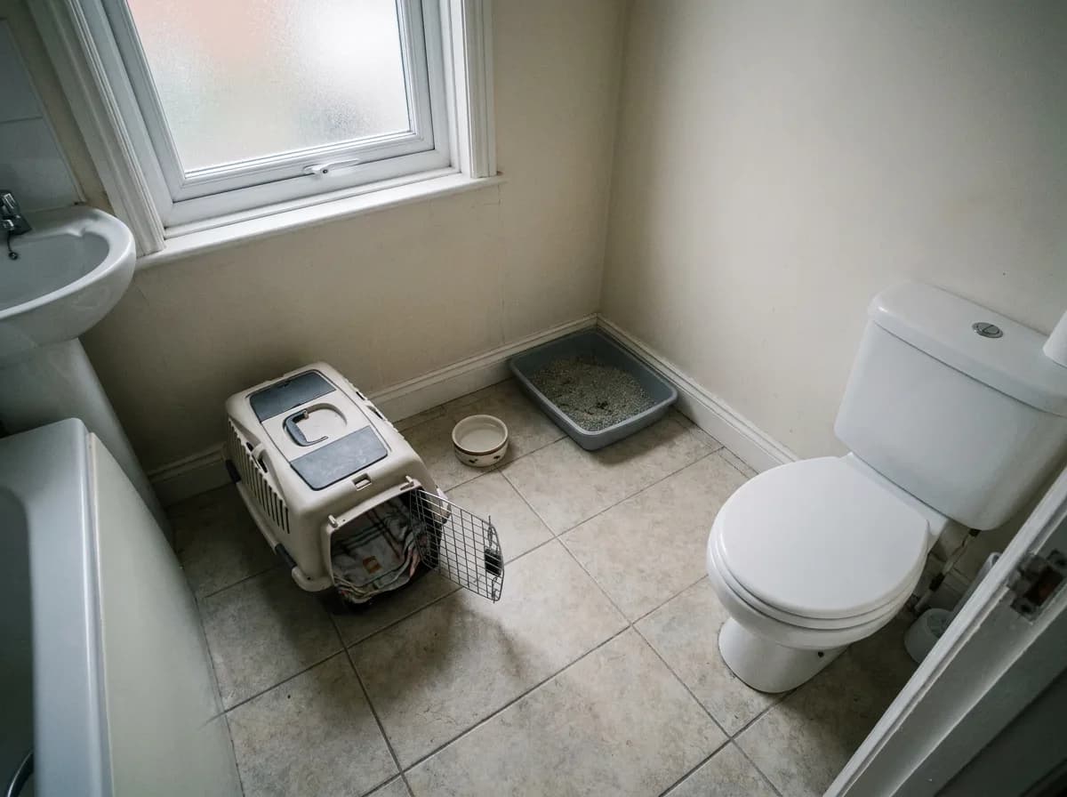 Carrier, water bowl and litter tray in a separate bathroom