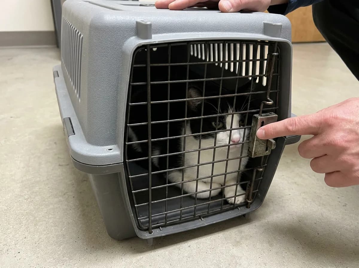 Person checking the latch of a closed carrier with a black-and-white cat inside