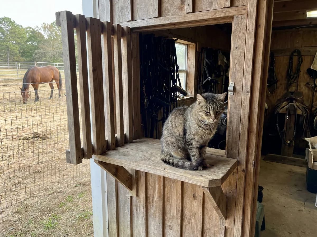 Cat on a raised wooden platform at a tack-room doorway with a horse in the distance