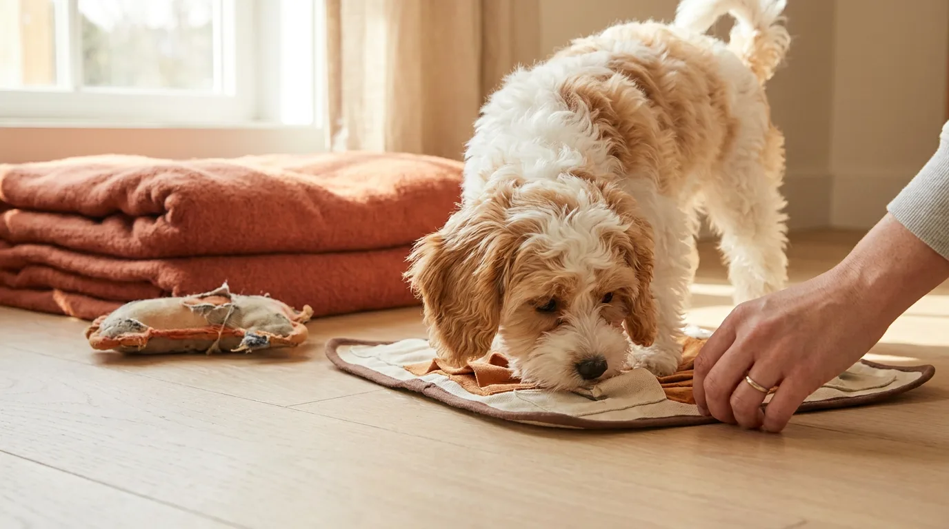 Small young wavy-coated dog investigating a fabric enrichment mat.