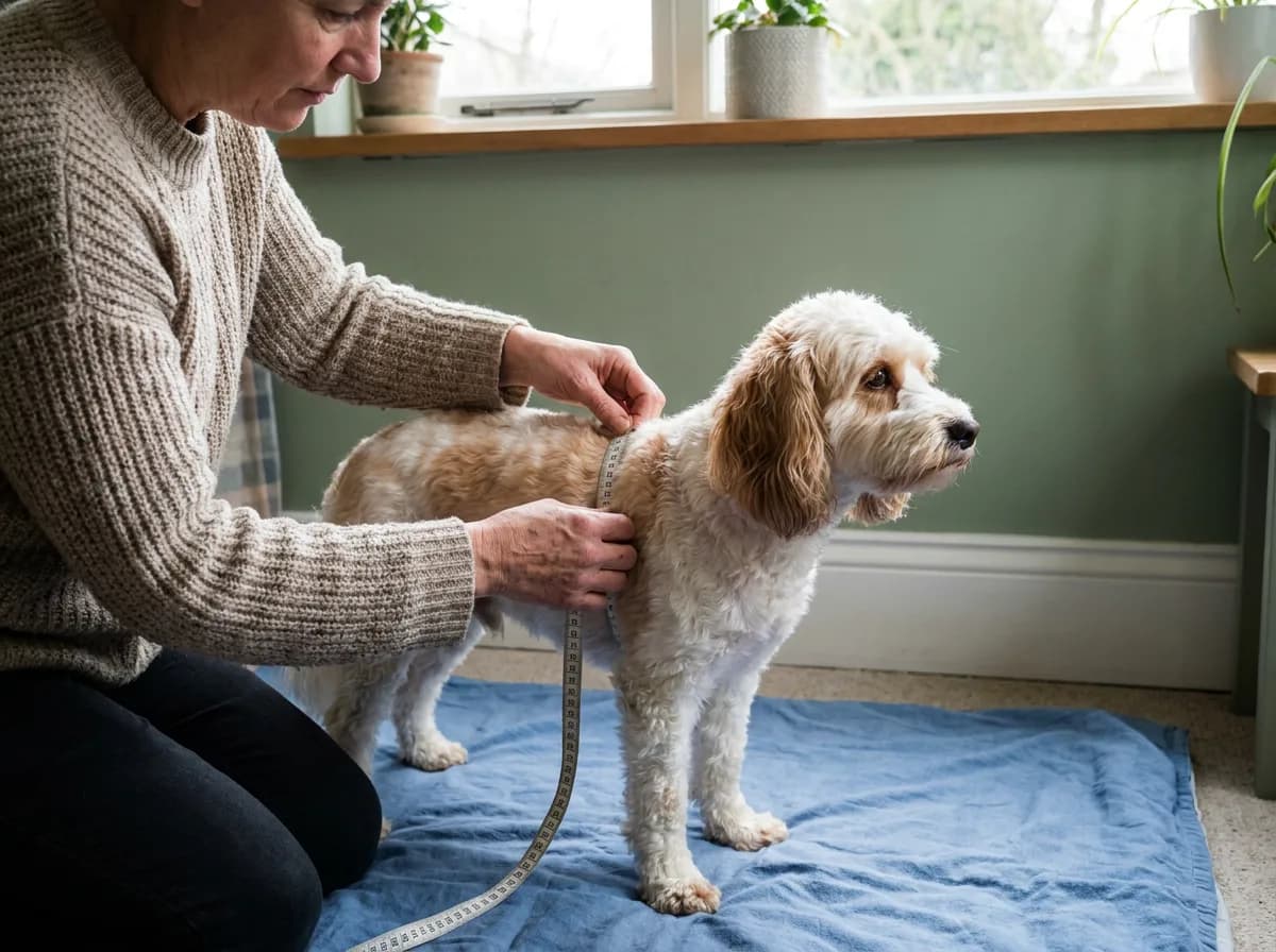 Adult measuring a small dog’s chest with a flexible tape.