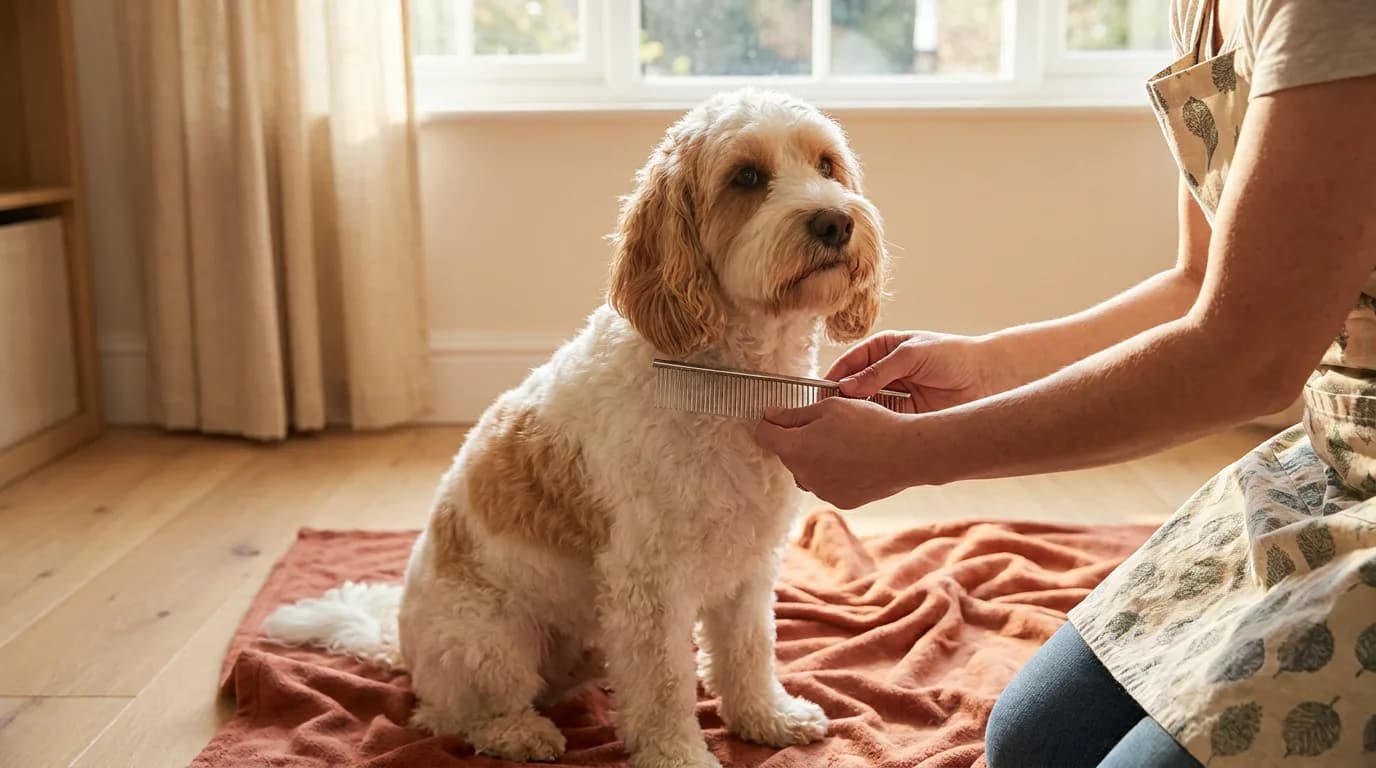 Adult gently combing a small wavy-coated dog on a terracotta blanket.