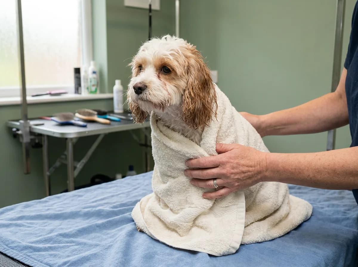Small dog wrapped in a towel on a grooming table.