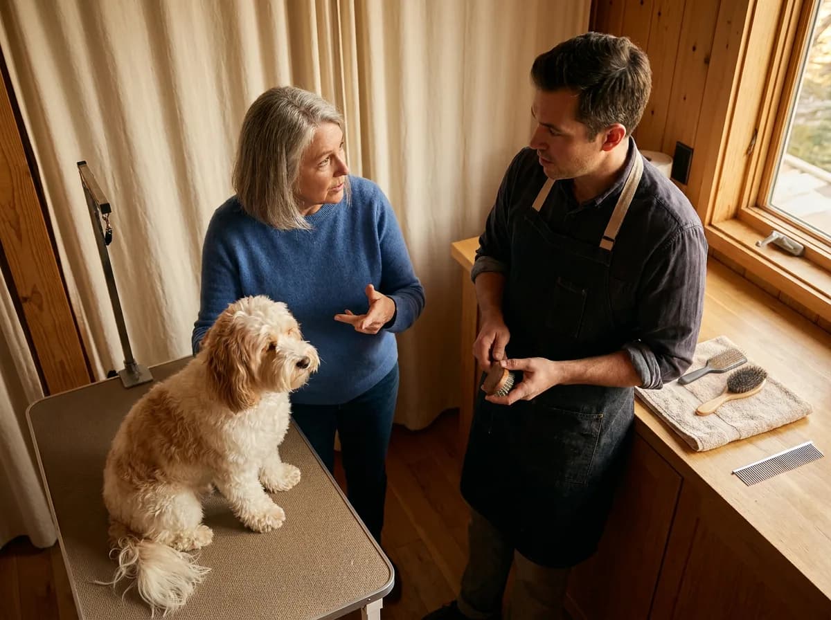 Owner discussing coat care with a groomer beside a small dog.