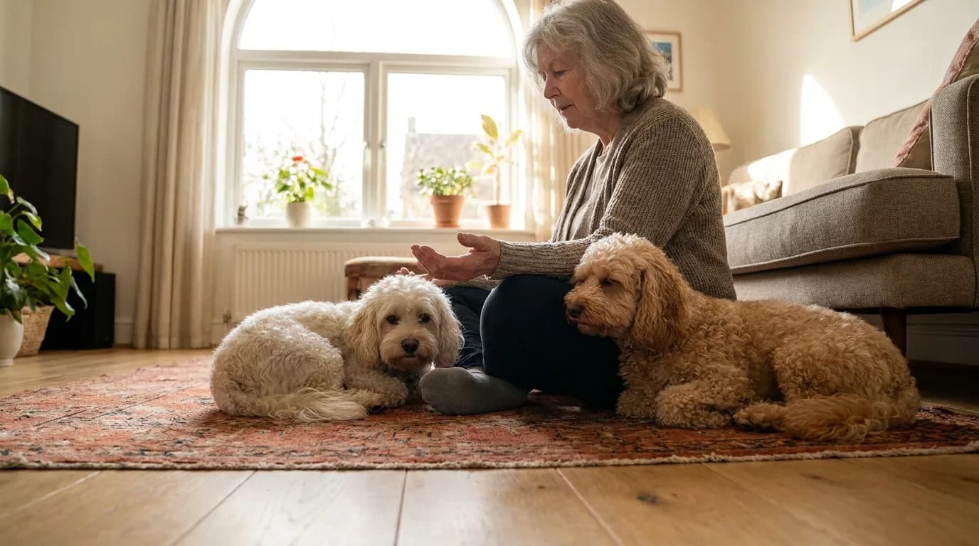 Two small fluffy companion dogs resting beside an older woman on a terracotta rug.
