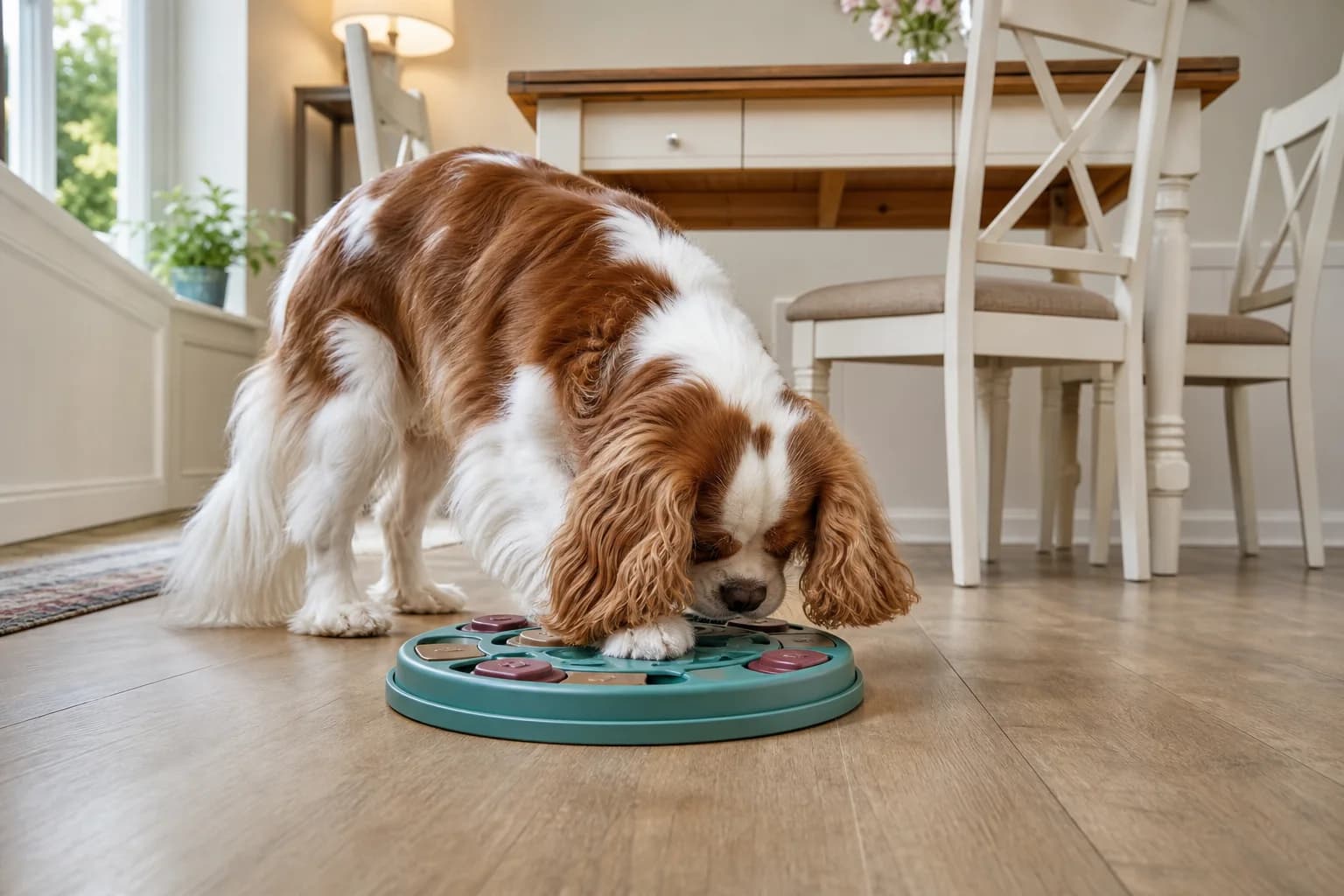 Adult Cavalier on a loose leash during a moderate sniff walk
