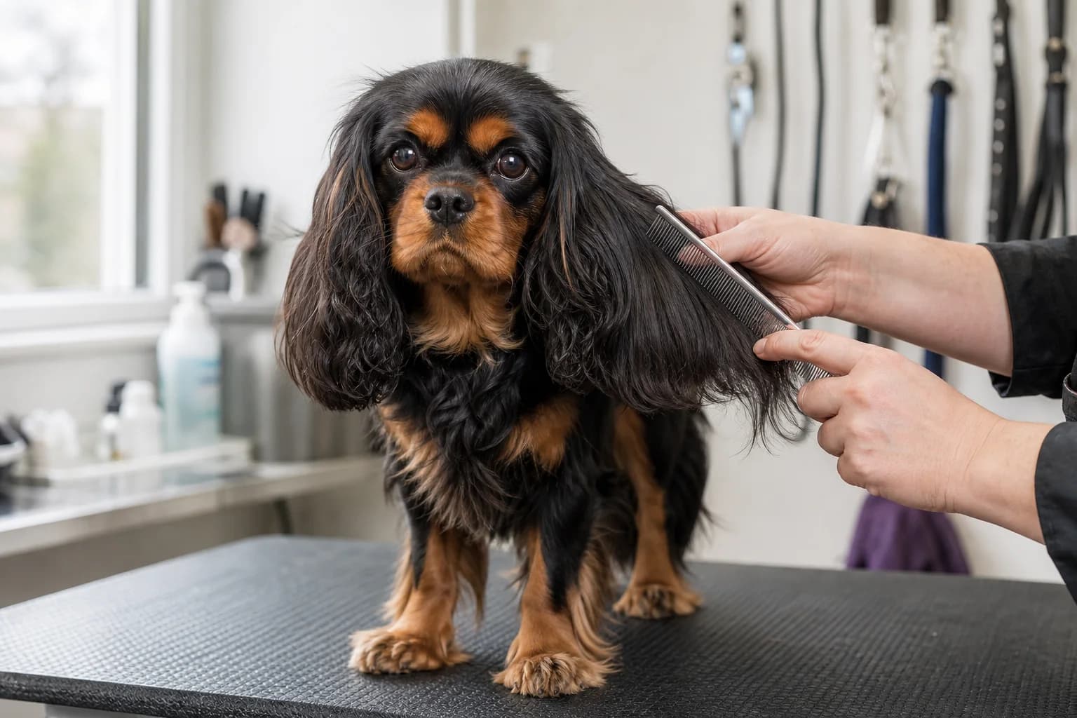 Metal comb moving through Cavalier ear feathering at a friction zone
