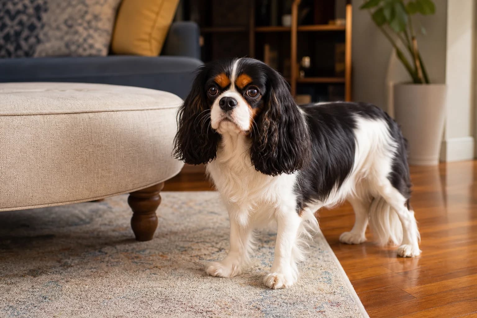 Adult Cavalier beside a sofa showing honest small toy spaniel scale
