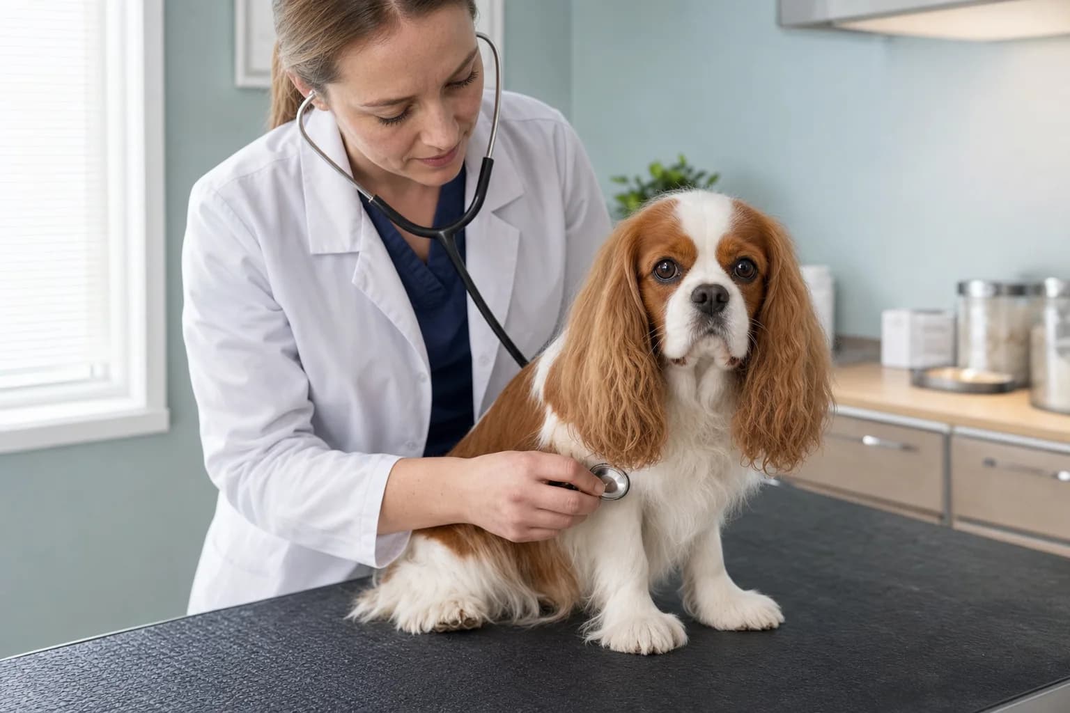 Veterinarian listening to an adult Cavalier's heart during a preventive examination