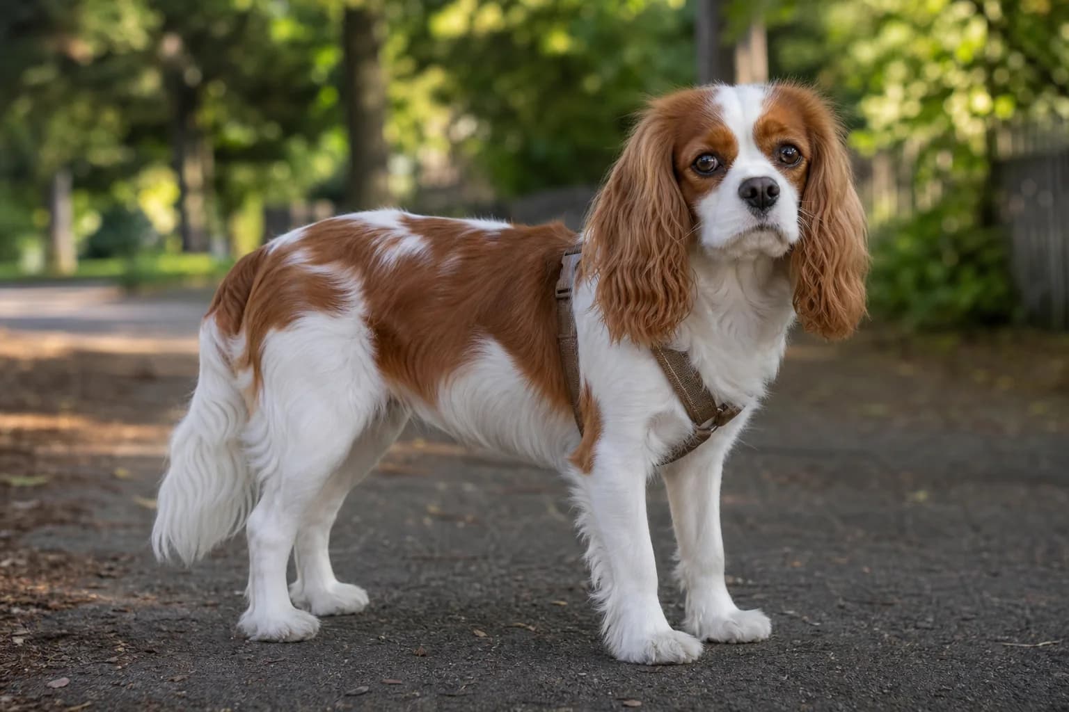 Adult Blenheim Cavalier King Charles Spaniel walking with an owner near home