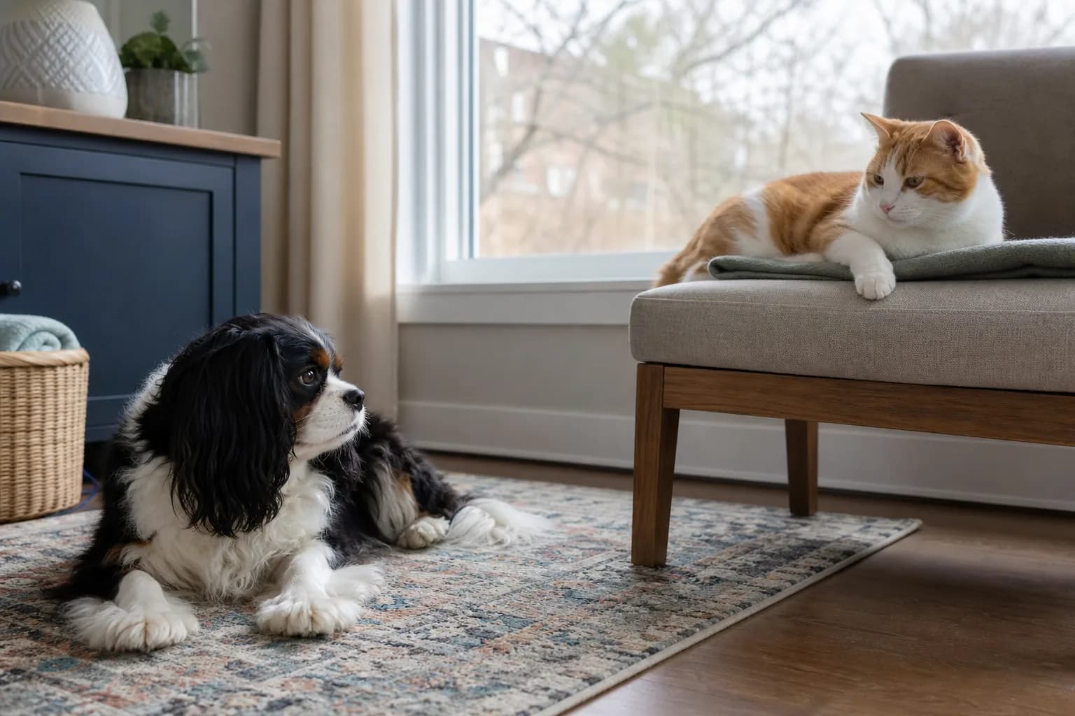 Tricolor Cavalier calmly sharing a living room with a relaxed cat