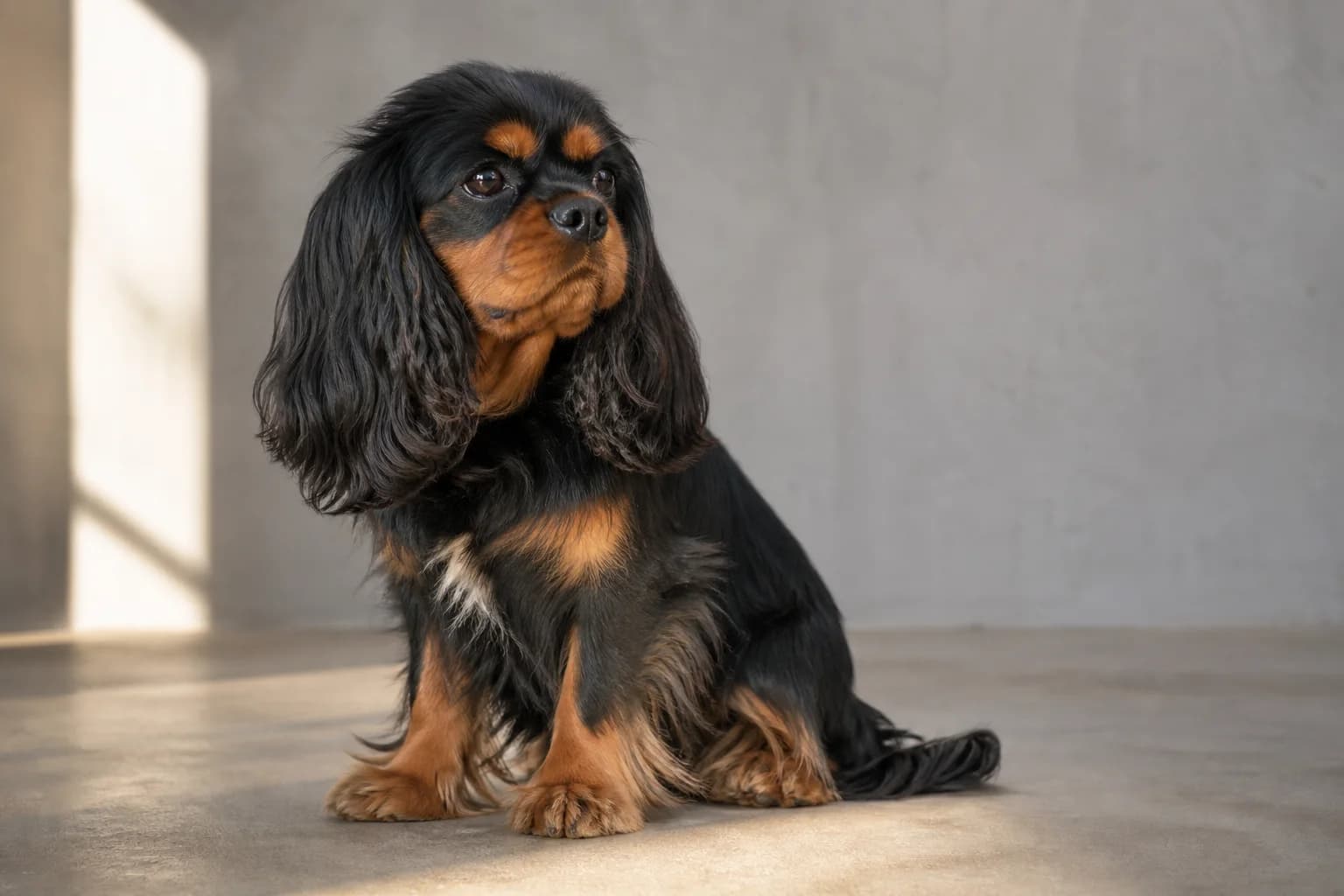 Black and tan Cavalier showing jet-black coat and distinct tan markings