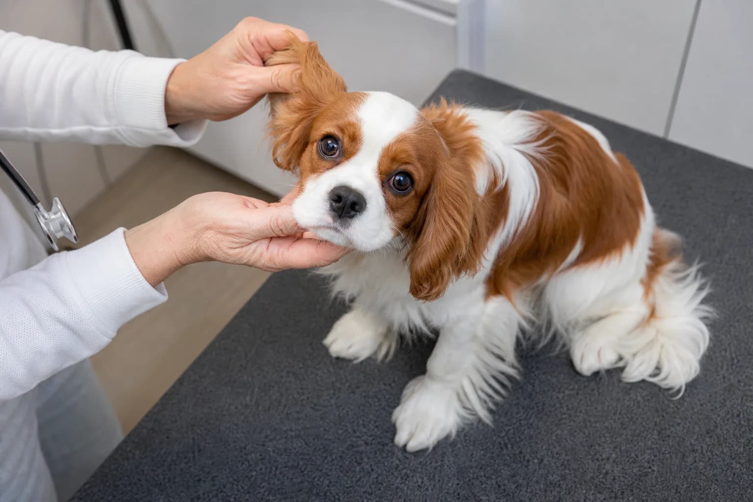 Close view of a Cavalier facial blaze, body patches, and dark nose pigment