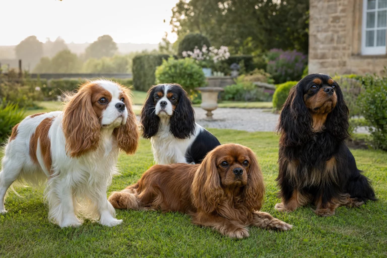 Blenheim, tricolor, ruby, and black and tan Cavaliers photographed together in consistent daylight