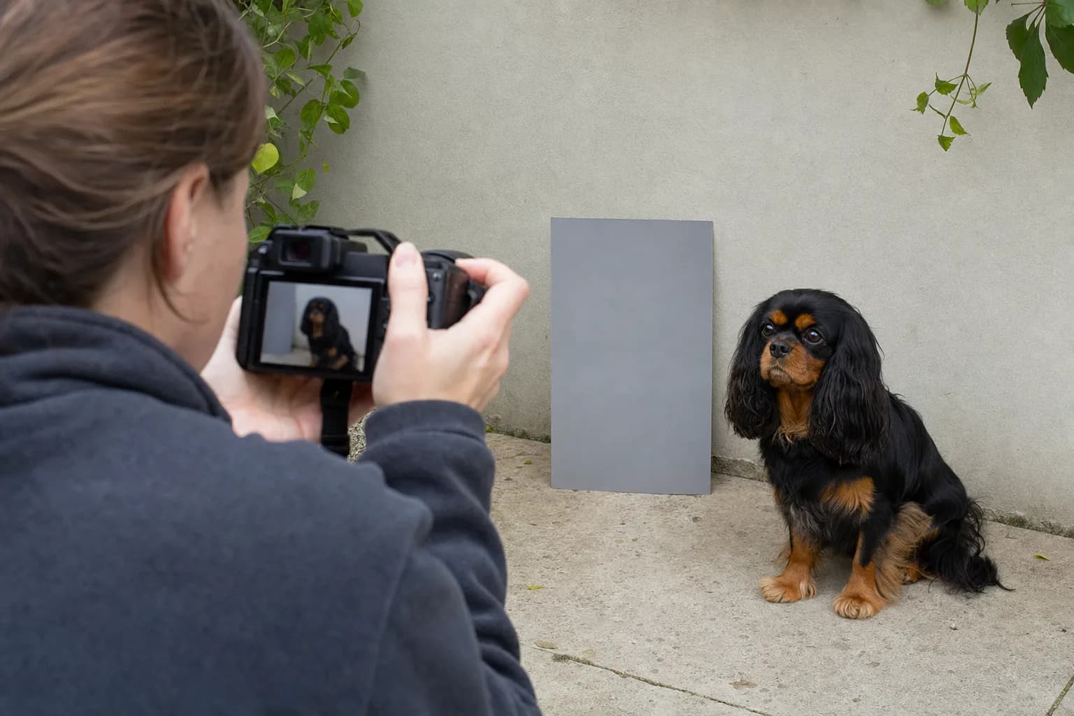 Owner photographing a black-and-tan Cavalier in open shade beside a neutral reference card