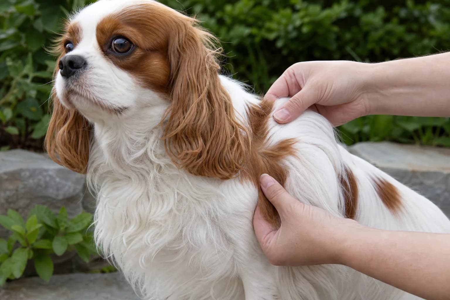 Blenheim Cavalier coat viewed in open shade to show chestnut and white color accurately