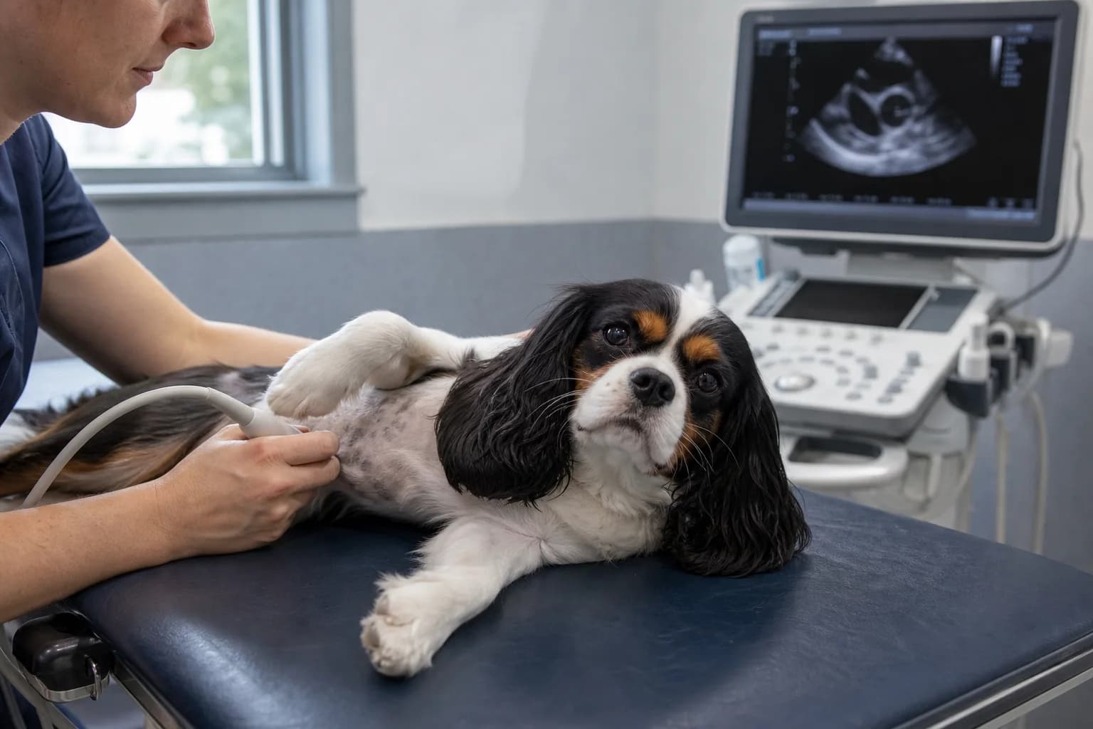 Veterinarian placing a stethoscope for a Cavalier cardiac examination