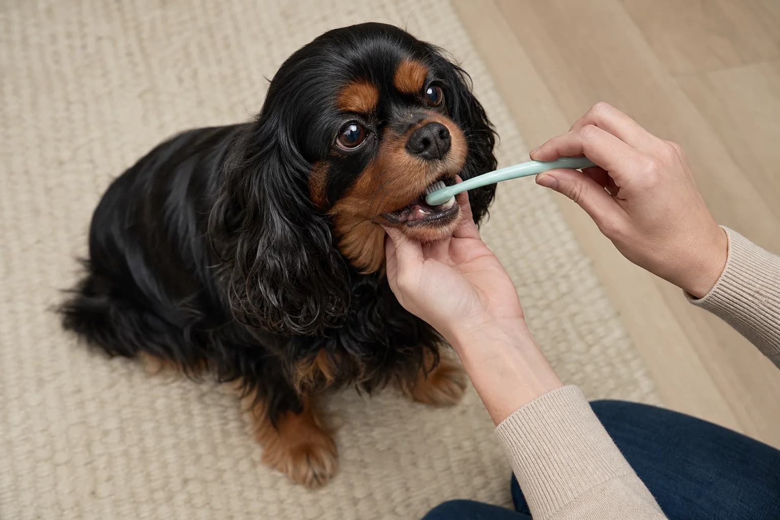 Cavalier receiving a calm preventive dental check